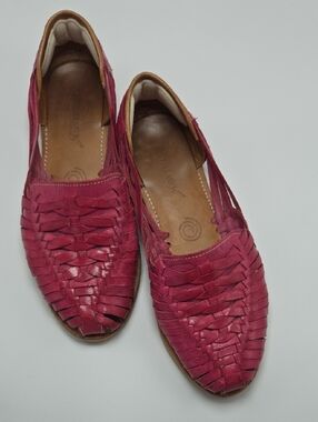 Woven Leather Huarache Flats in Raspberry Pink